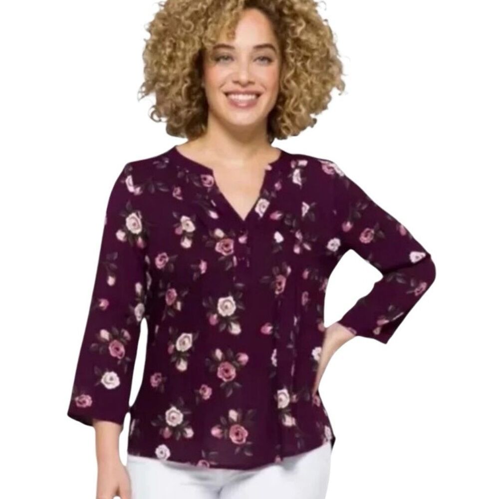 Monday Fun Purple Floral PIntuck Top S
